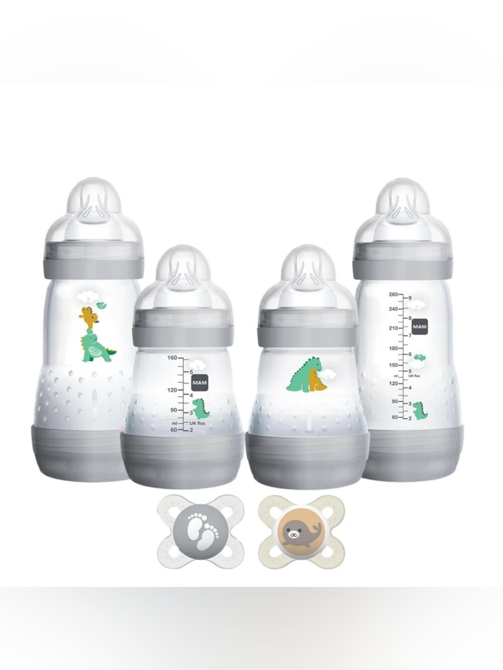 MAM Baby Bottle and Pacifier Set - Gray with Green Dino Accents